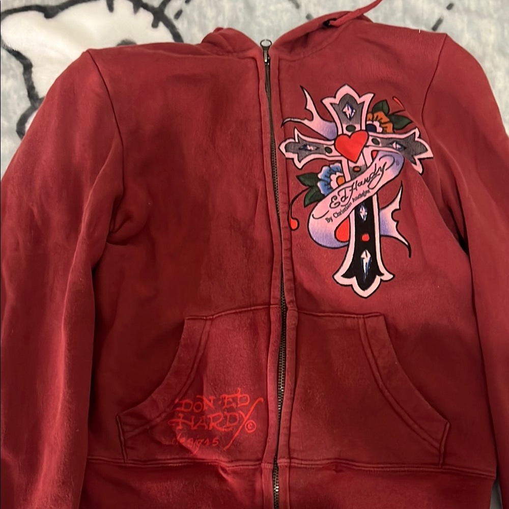 Ed Hardy Red Hoodie with Cross Design❌